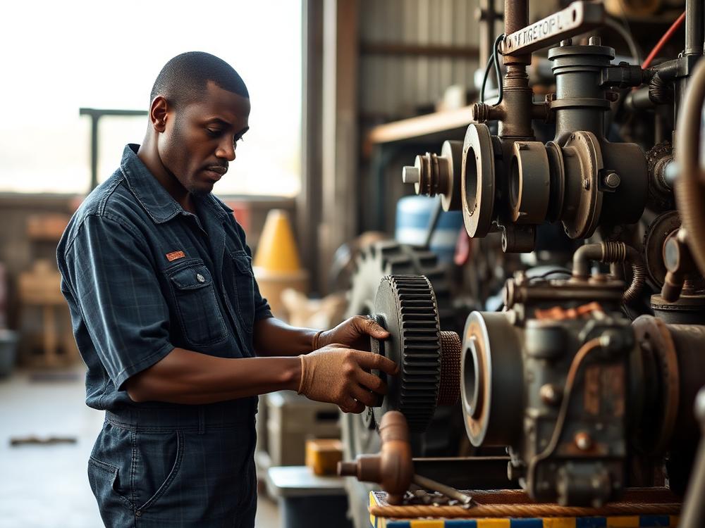 Technician servicing farm machinery in a workshop