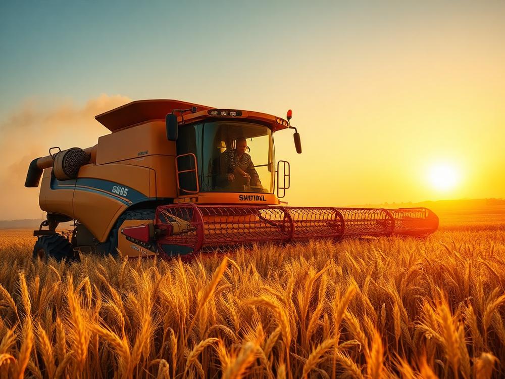 Combine harvester working a golden wheat field